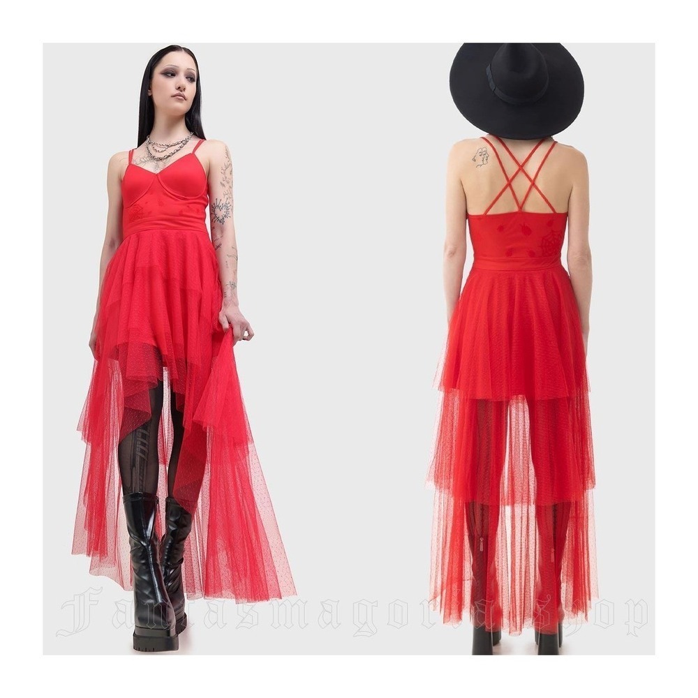 Killstar Lydia Deetz Red High low Maxi red dress lace halloween goth cosplay